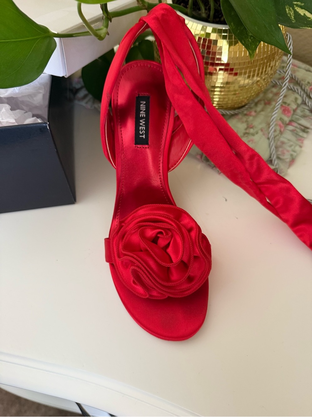 Nine West Red Satin Floral Appliqué Heeled Sandals